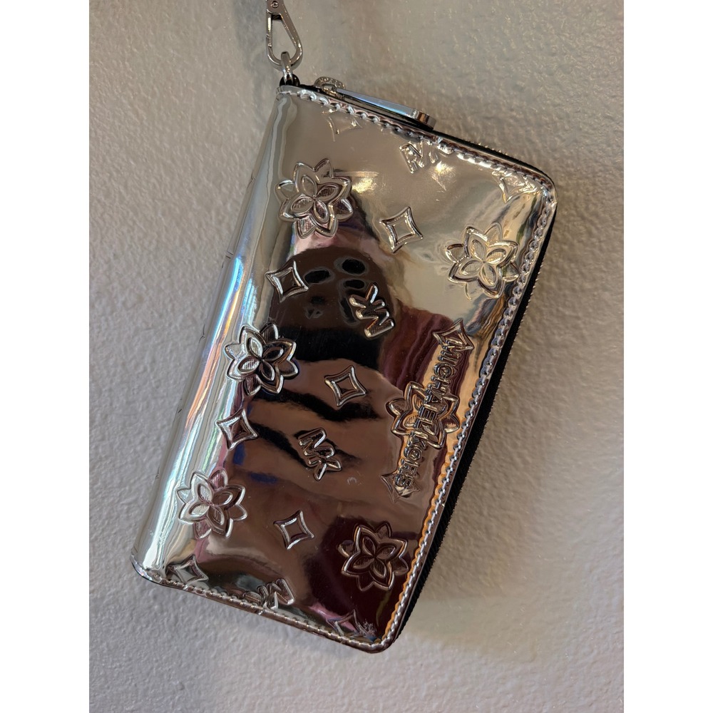 Michael Kors Jet Set Travel Wallet Case Women NS Silver Metallic Floral Wristlet